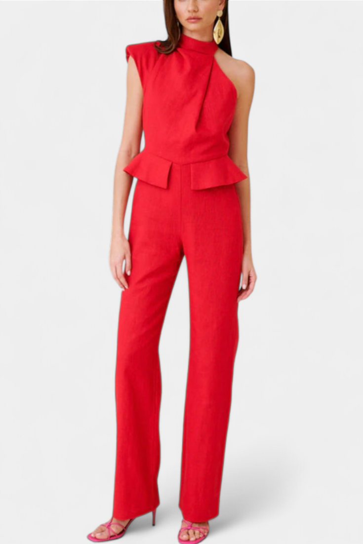 One Shoulder Peplum Waist Straight Leg Jumpsuit