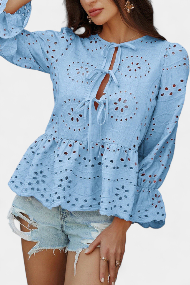 Eyelet Lace Tie Neck Long Sleeve Peplum Blouse