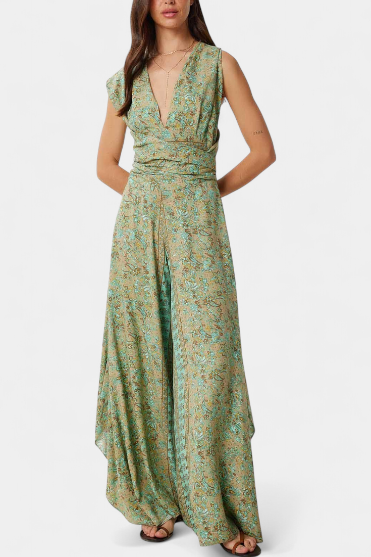 Paisley Print Open Back Tie Wide Leg Jumpsuit