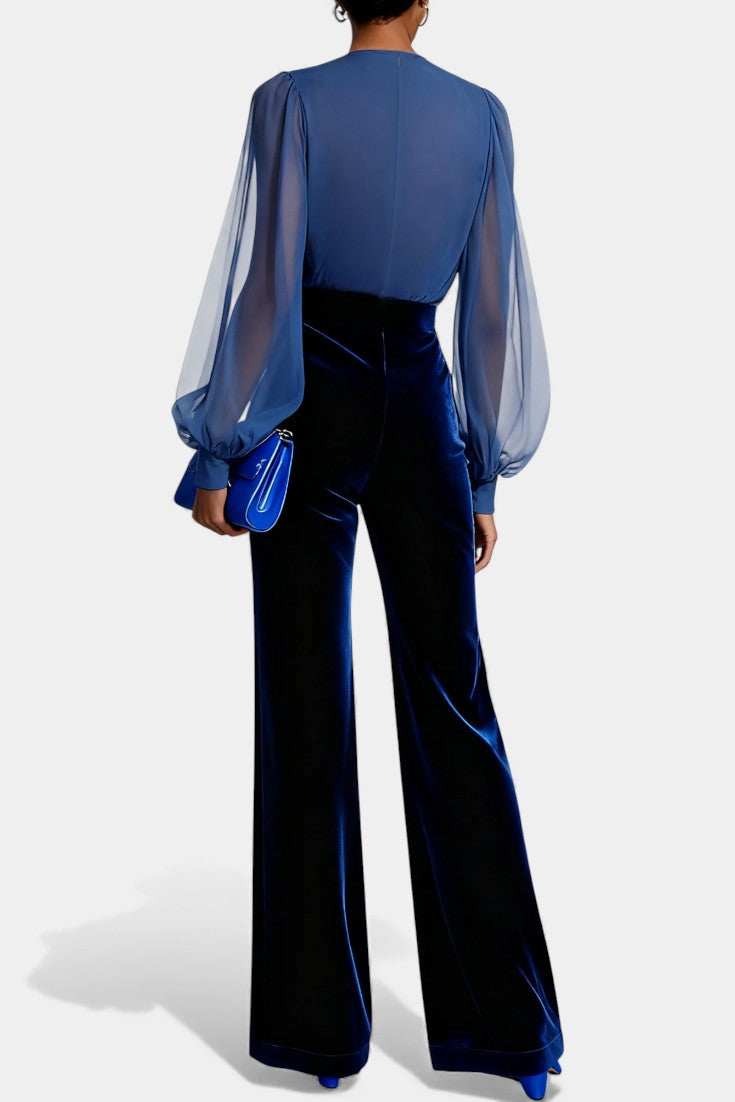 Deep V-Neck Sheer Sleeve Velvet Wide Leg Jumpsuit