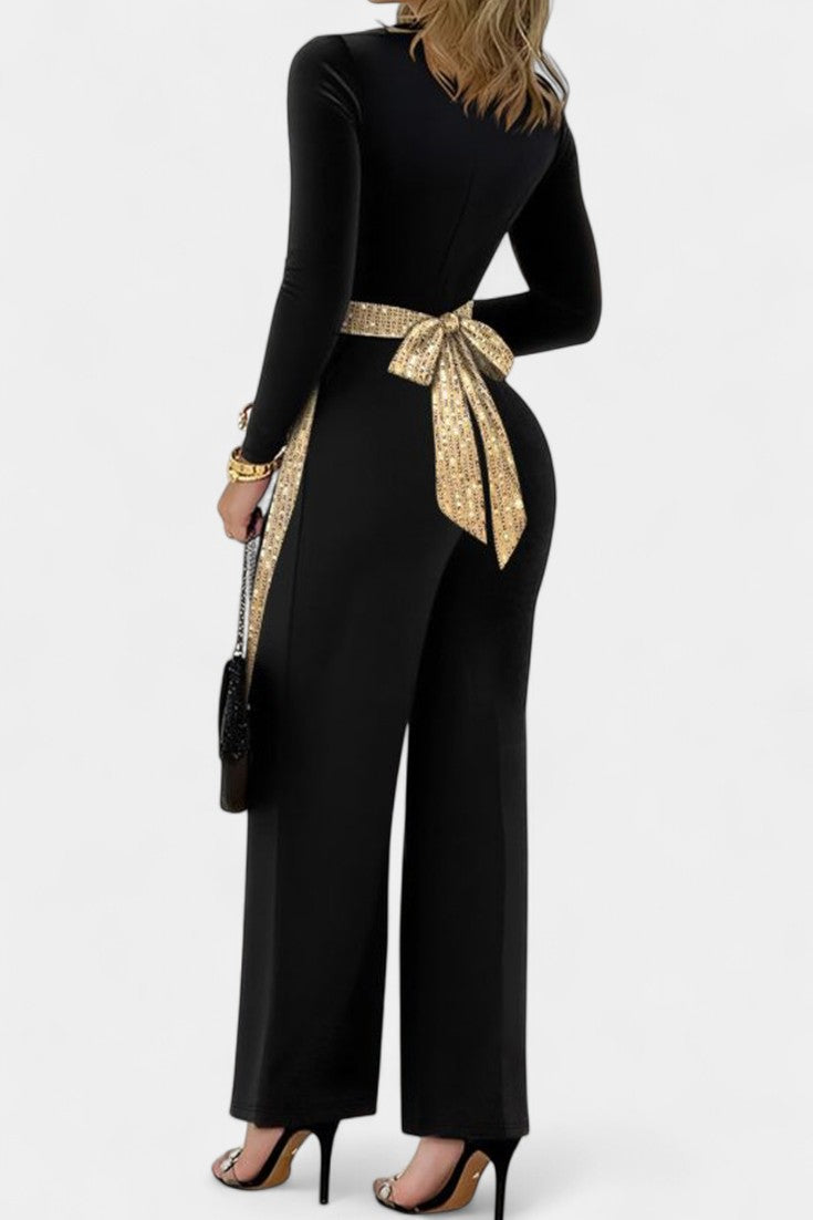 Sequin Trim Square Neck Long Sleeve Wide Leg Jumpsuit