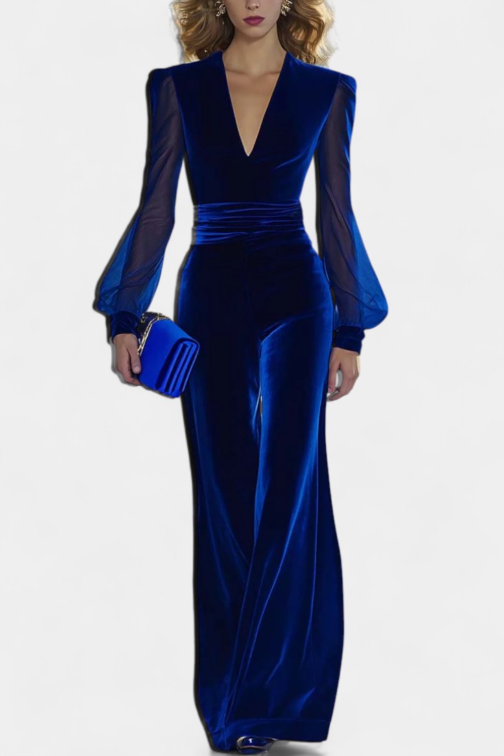 Velvet Deep V-Neck Mesh Sleeve Wide Leg Jumpsuit