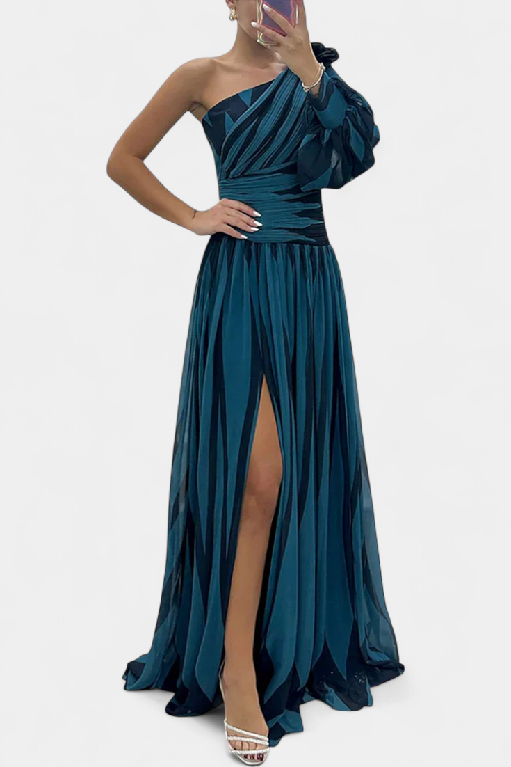 Abstract Print One Shoulder High Split Maxi Gown