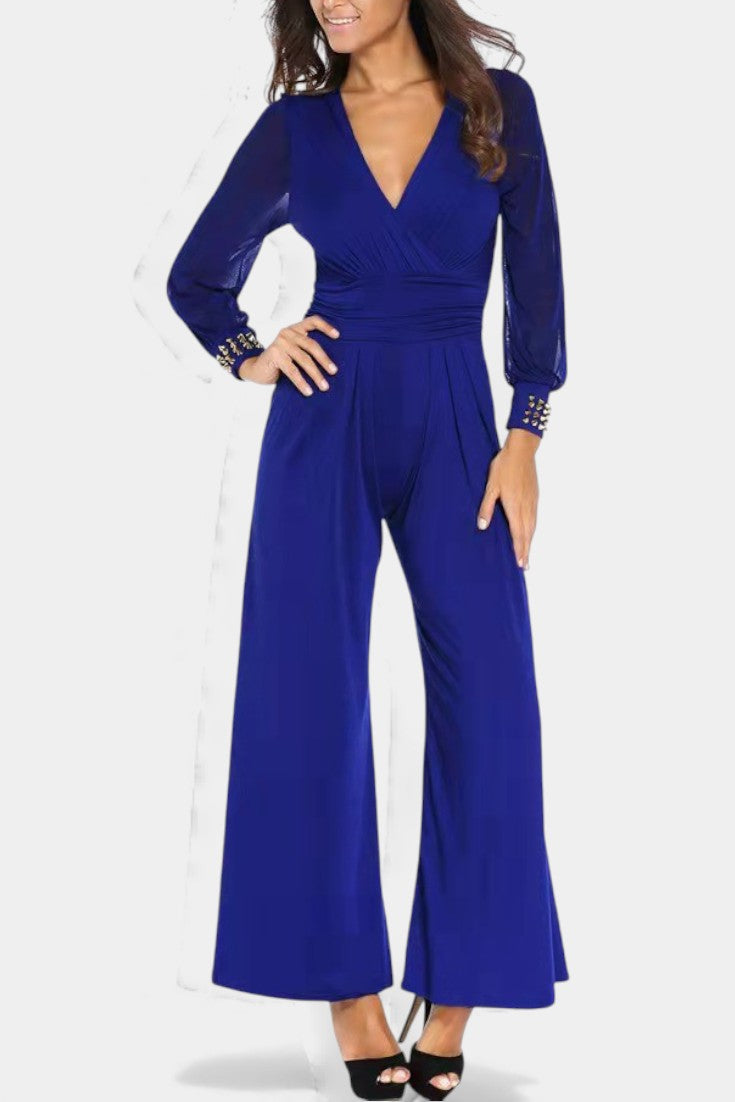 Deep V-Neck Sheer Mesh Sleeve Wide Leg Jumpsuit