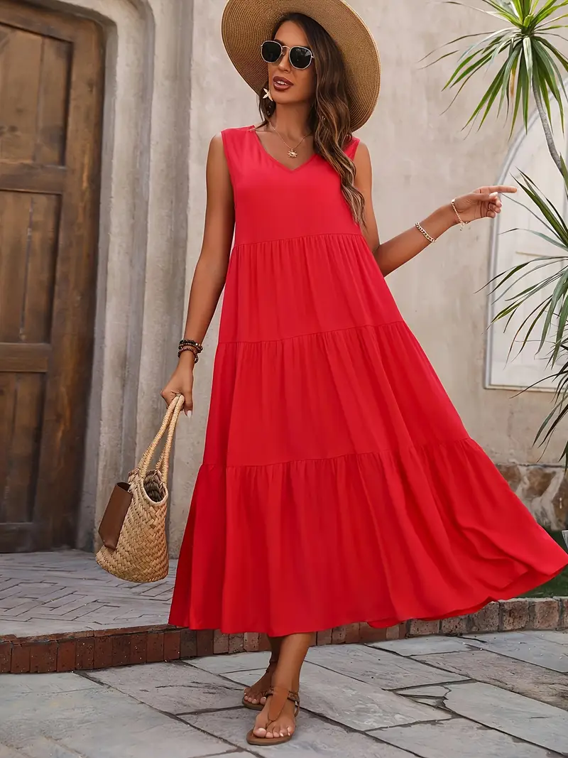 Lone - Casual Loose-Fit Dress with Ruffle Hem Red