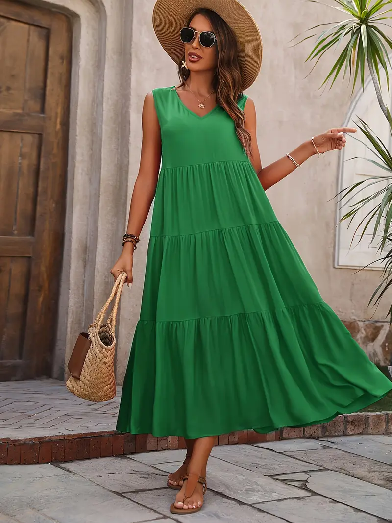 Lone - Casual Loose-Fit Dress with Ruffle Hem Green