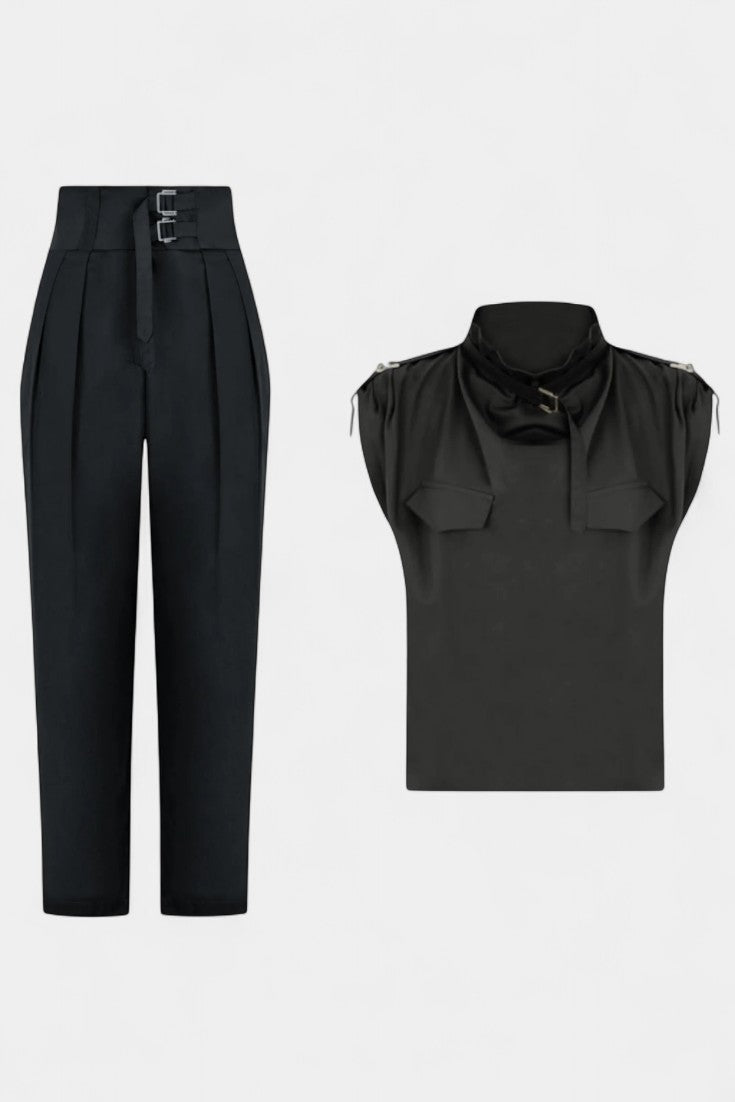 High Neck Sleeveless Top and Belted Tapered Pants Two Piece Set