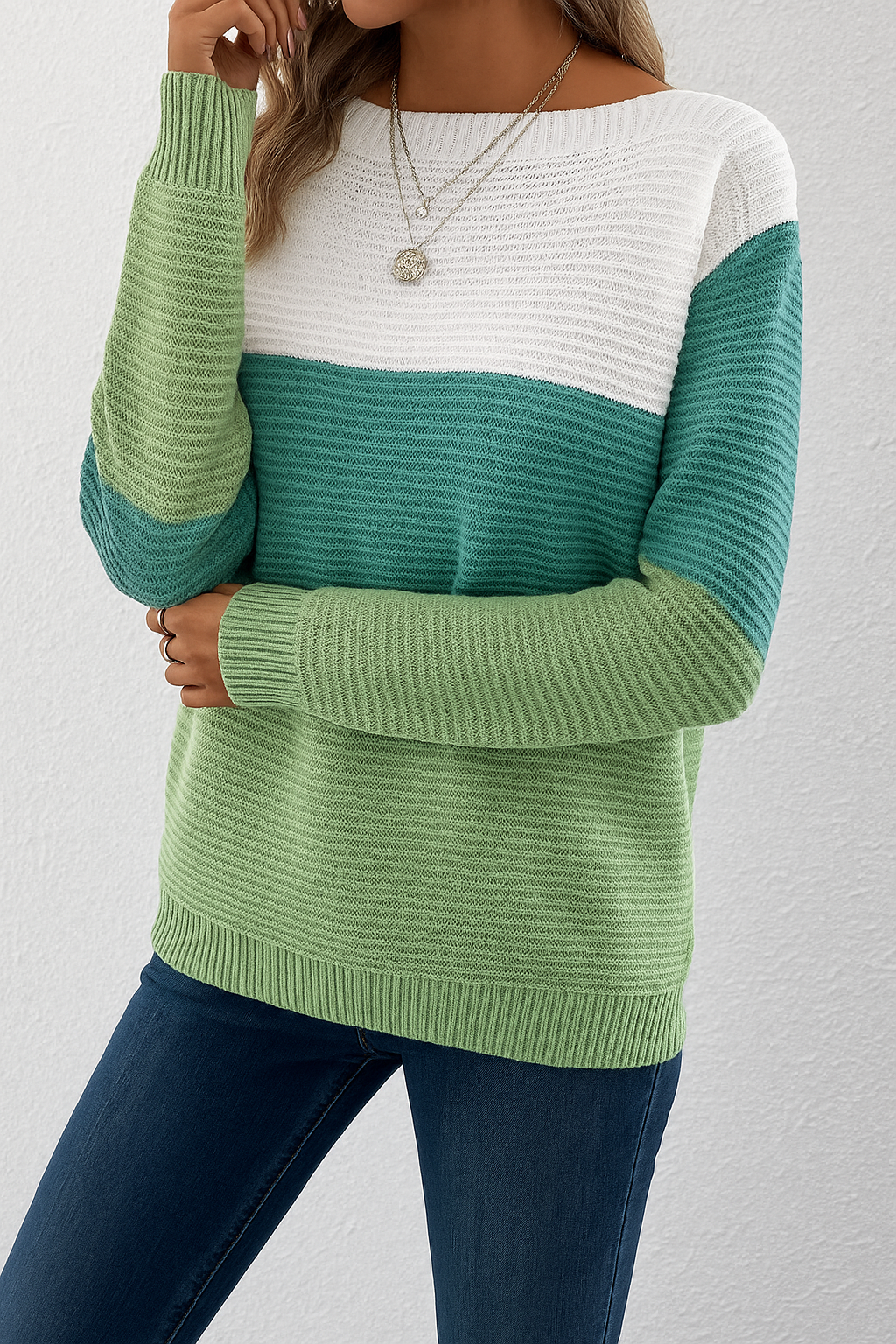 Contrast Panel Boat Neck Long Sleeve Ribbed Knit Sweater