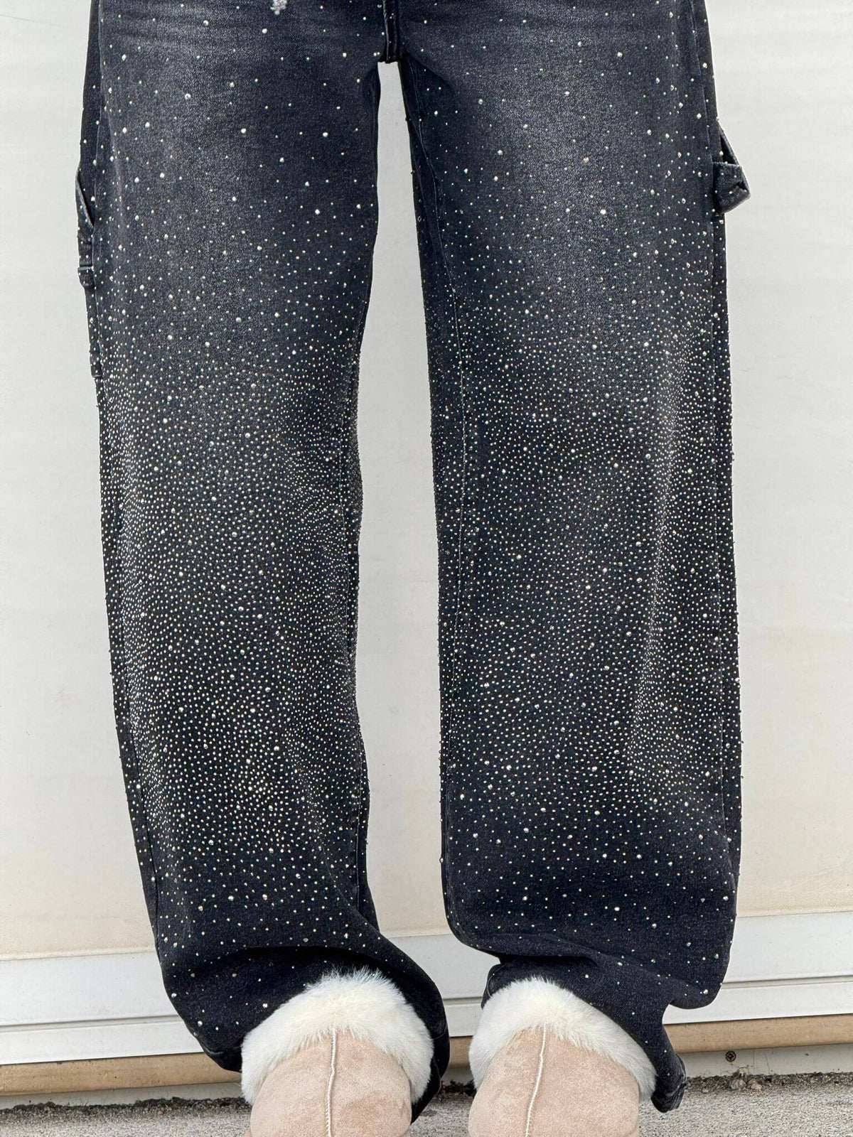 High Waist Rhinestone Embellished Wide Leg Jeans