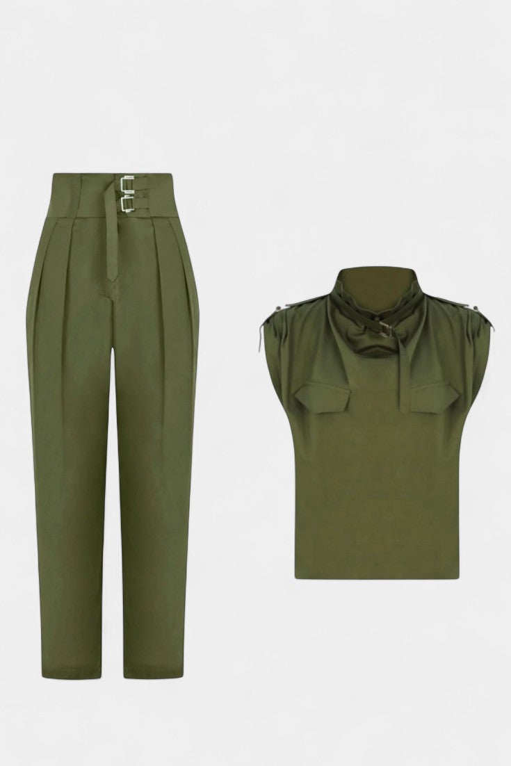 High Neck Sleeveless Top and Belted Tapered Pants Two Piece Set