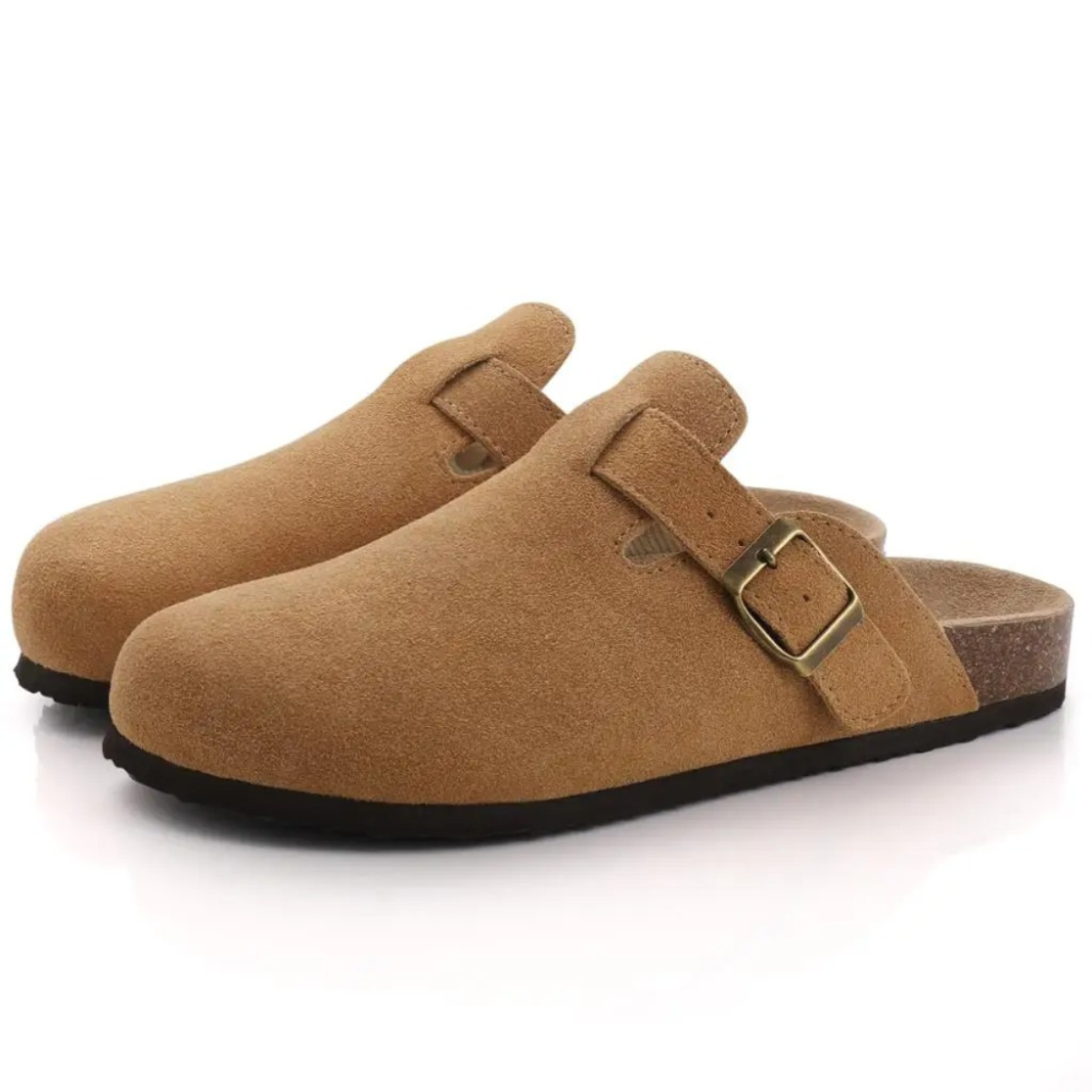 Round Toe Buckle Strap Suede Look Clog Mules