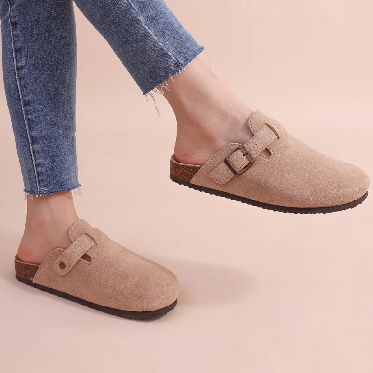 Round Toe Buckle Strap Suede Look Clog Mules