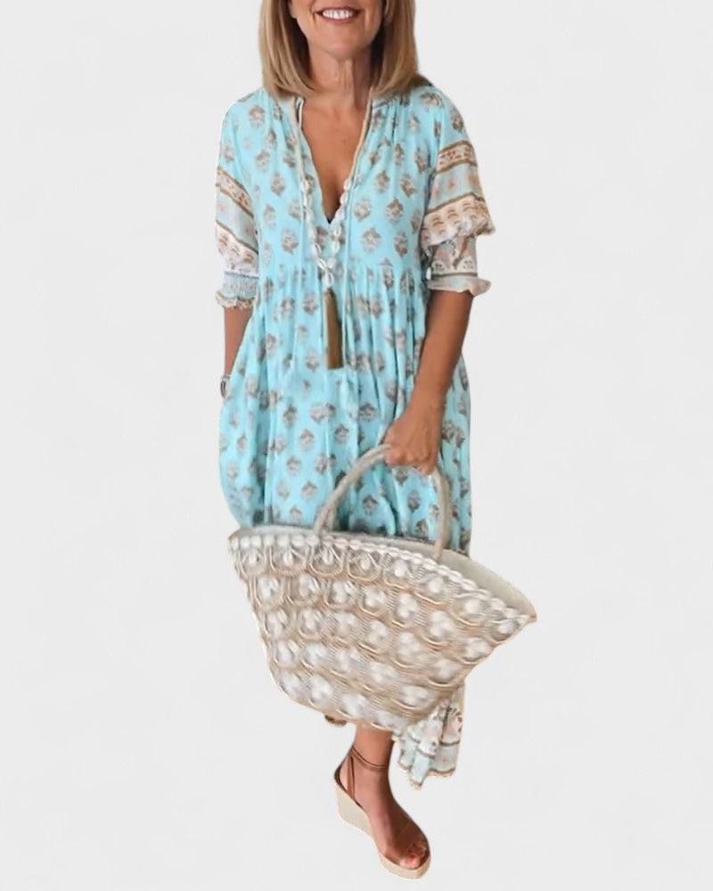 Boho Print V-Neck Ruffle Sleeve Button Front Midi Dress