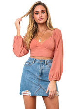 long-sleeved with strap crop top V-neck Women's tie