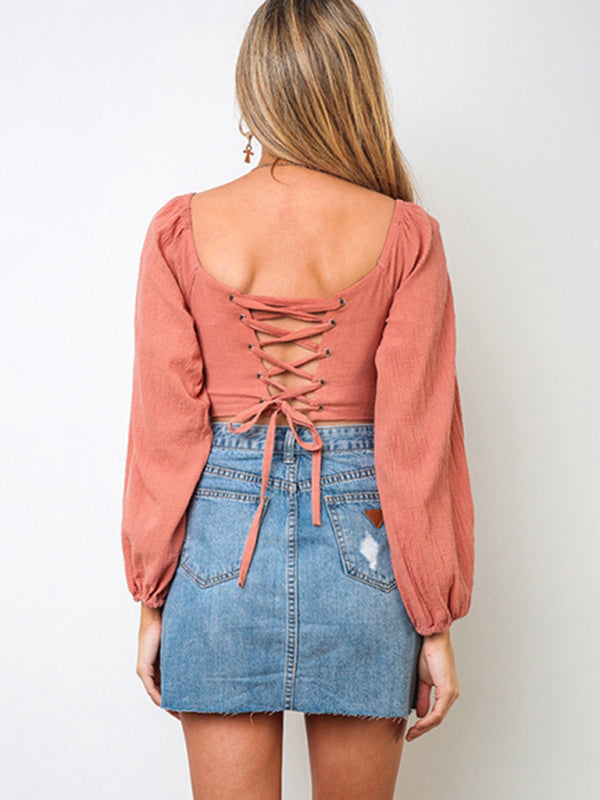 Off Shoulder V-Neck Lantern Sleeve Ruched Bust Crop Top 7
