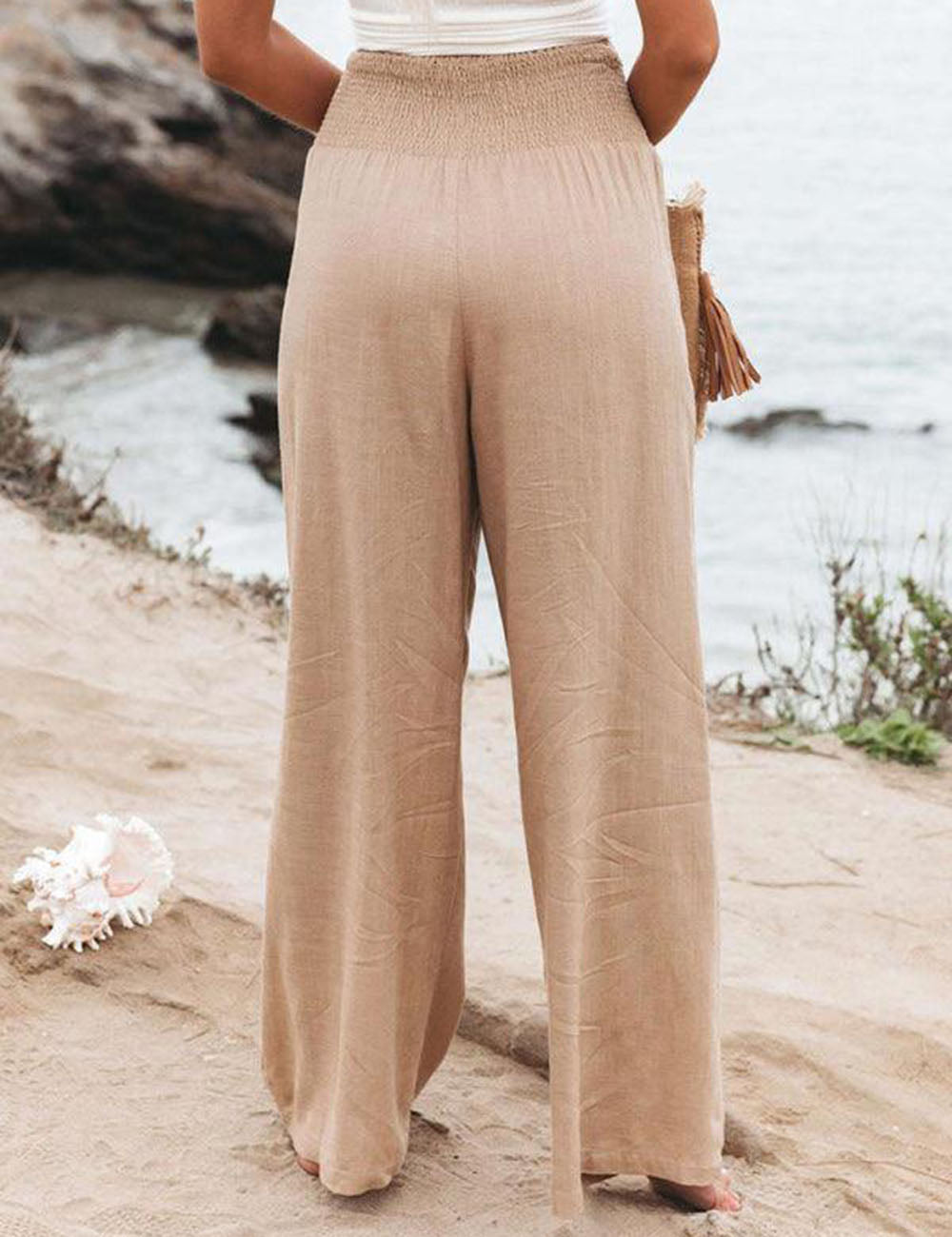 High Waist Smocked Waistband Wide Leg Linen Look Pants