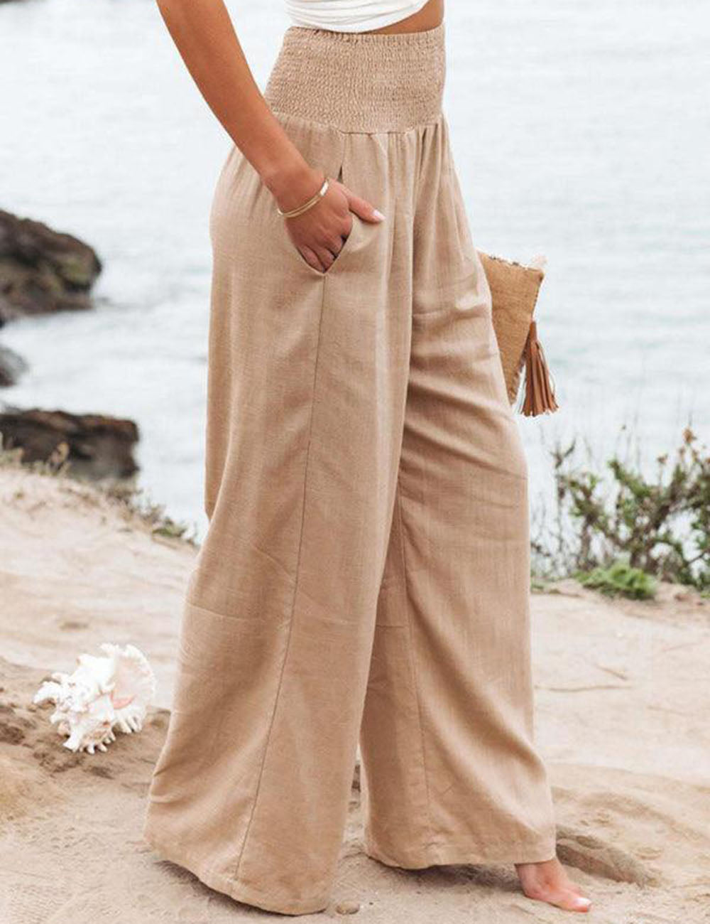 High Waist Smocked Waistband Wide Leg Linen Look Pants
