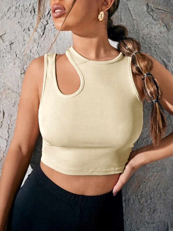 Ribbed Asymmetric Cut Out Round Neck Sleeveless Cropped Tank Top 22