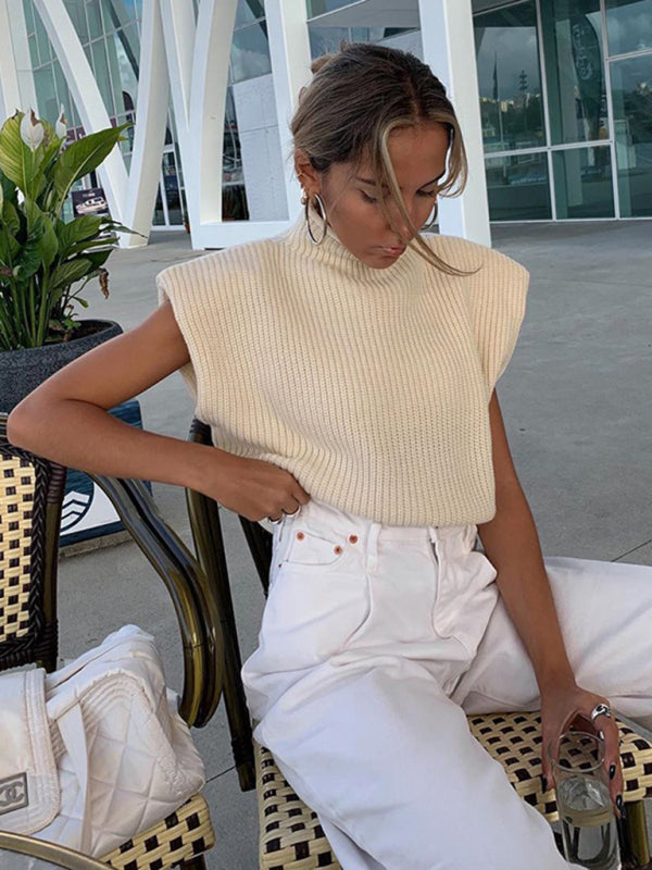 Turtleneck Cap Sleeve Padded Shoulder Ribbed Knit Sweater Vest 6