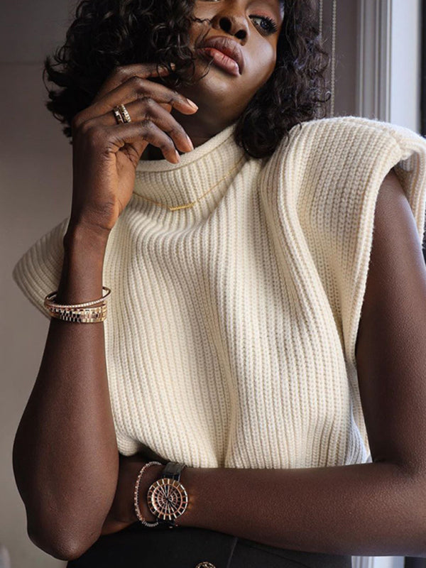 Turtleneck Cap Sleeve Padded Shoulder Ribbed Knit Sweater Vest 4