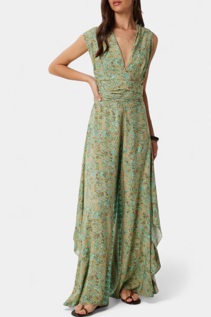 Paisley Print Open Back Tie Wide Leg Jumpsuit