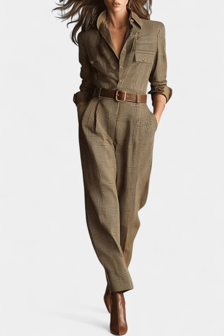 Plaid Collared Long Sleeve Belted Tapered Jumpsuit