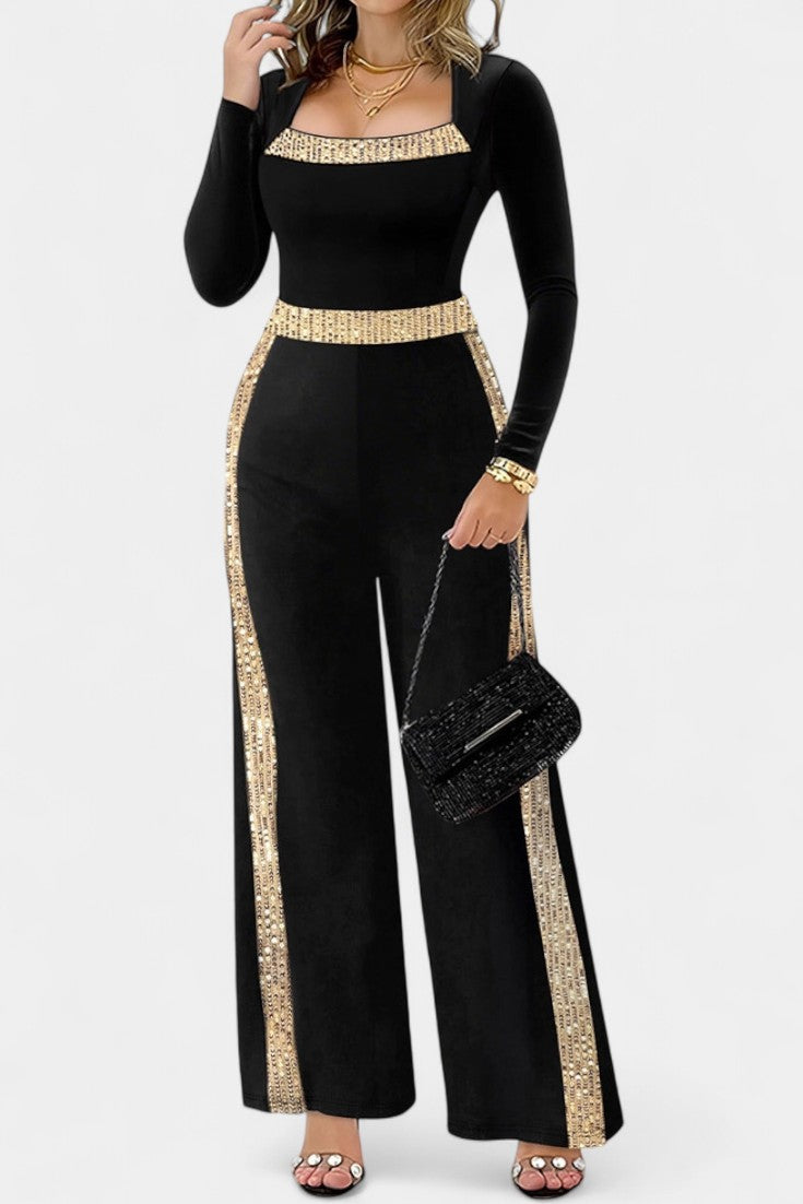 Sequin Trim Square Neck Long Sleeve Wide Leg Jumpsuit