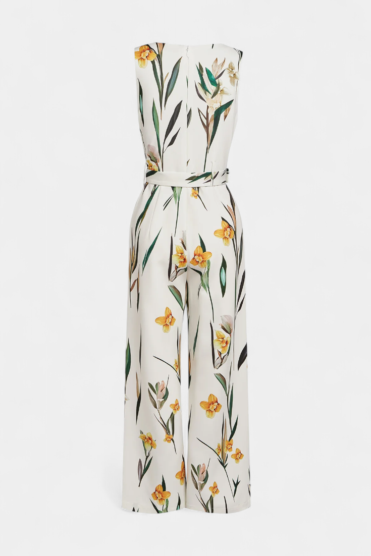 Floral Print V-Neck Sleeveless Belted Wide Leg Jumpsuit