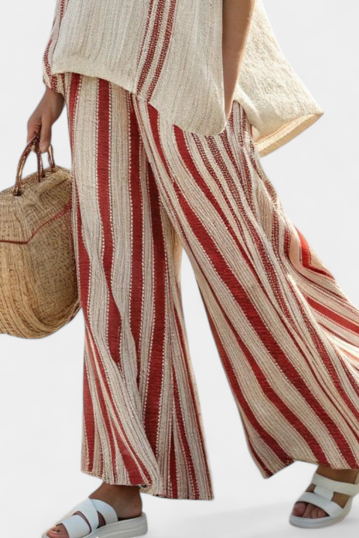 Striped Short Sleeve Top and Wide Leg Pants Two Piece Set