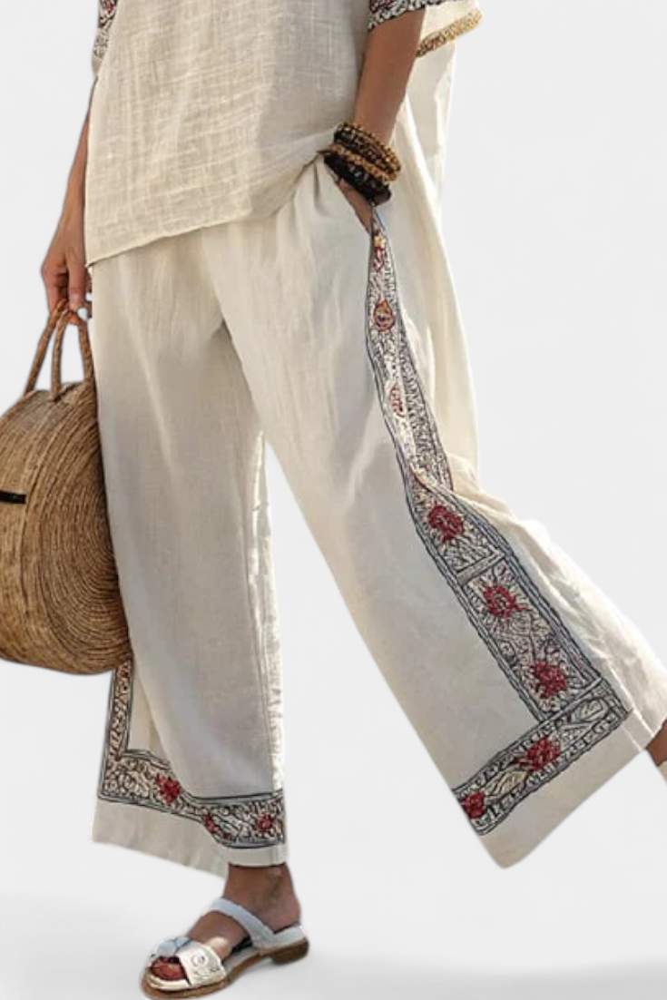 Embroidered Trim V-Neck Tunic Top and Wide Leg Pants Two Piece Set