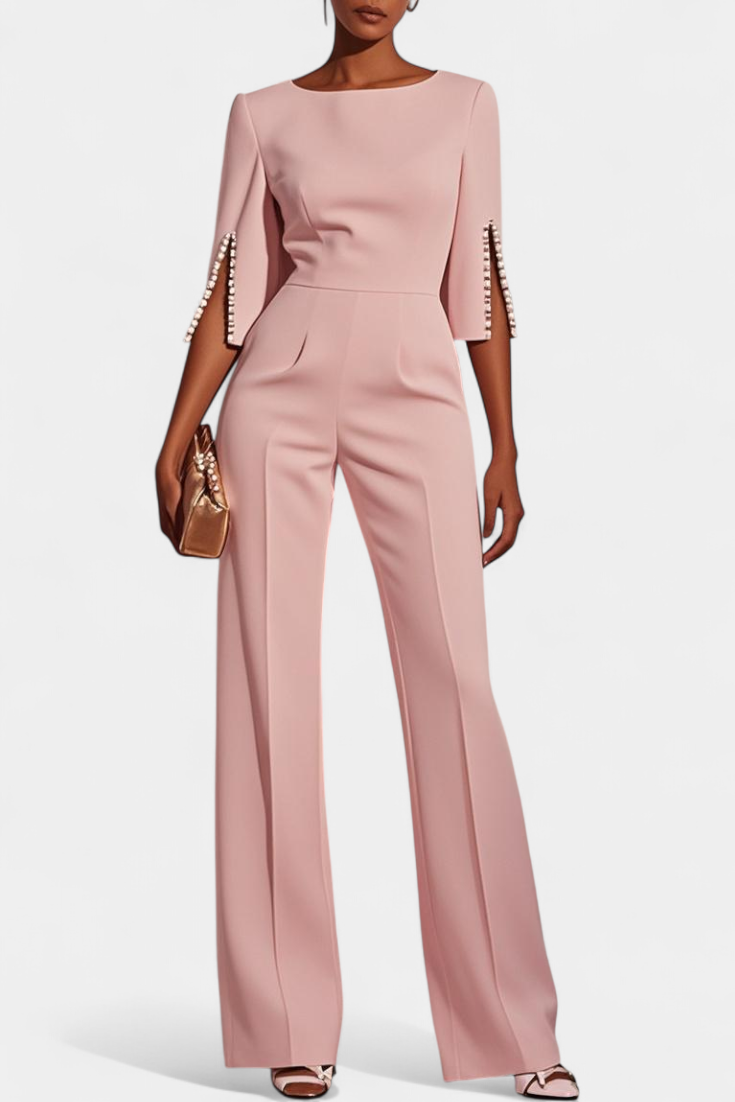Boat Neck Pearl Trim Split Sleeve Wide Leg Jumpsuit