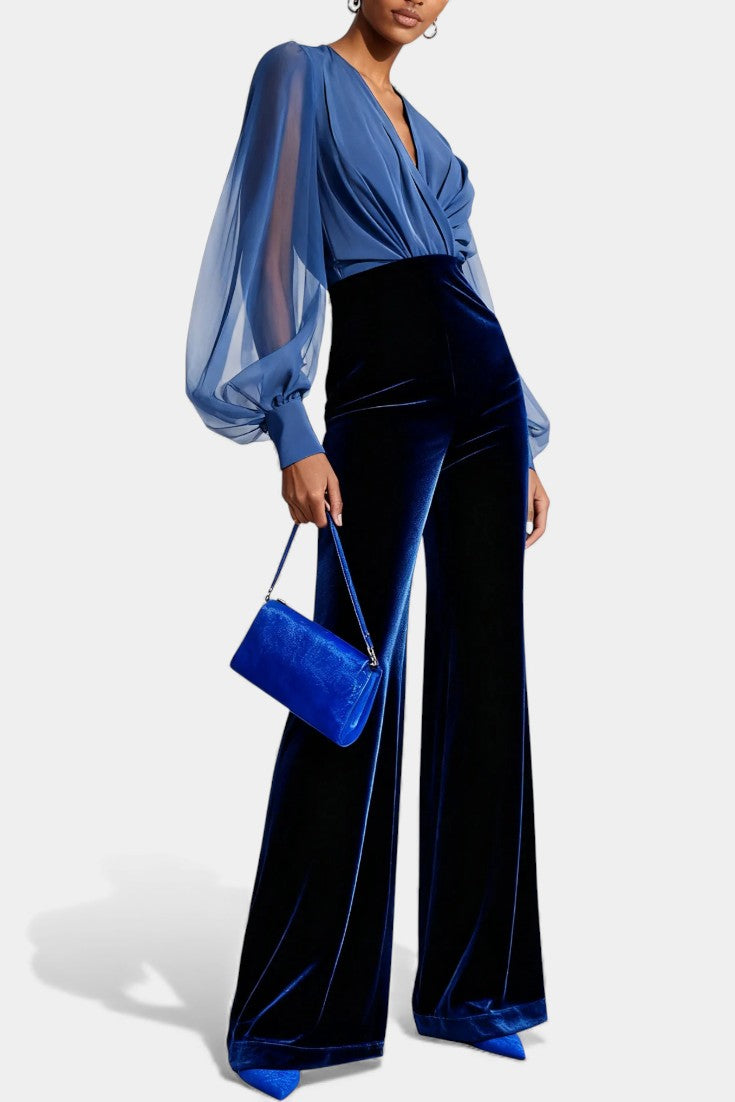 Deep V-Neck Sheer Sleeve Velvet Wide Leg Jumpsuit