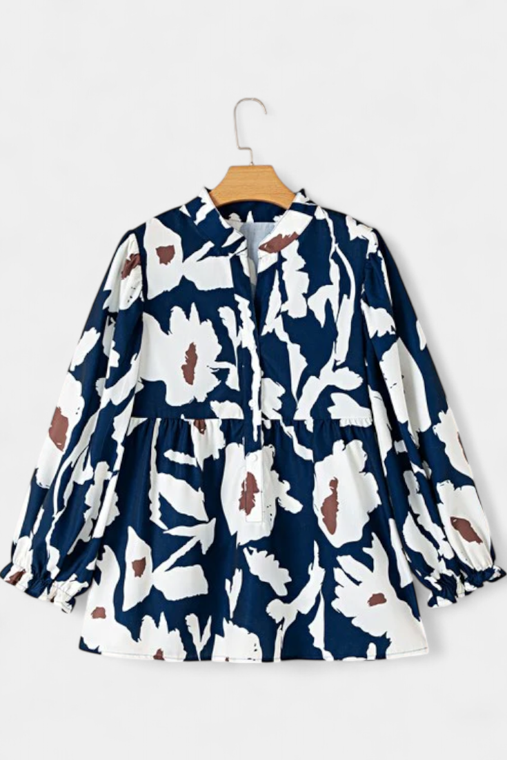 Abstract Floral Notch Neck Puff Sleeve Peplum Blouse