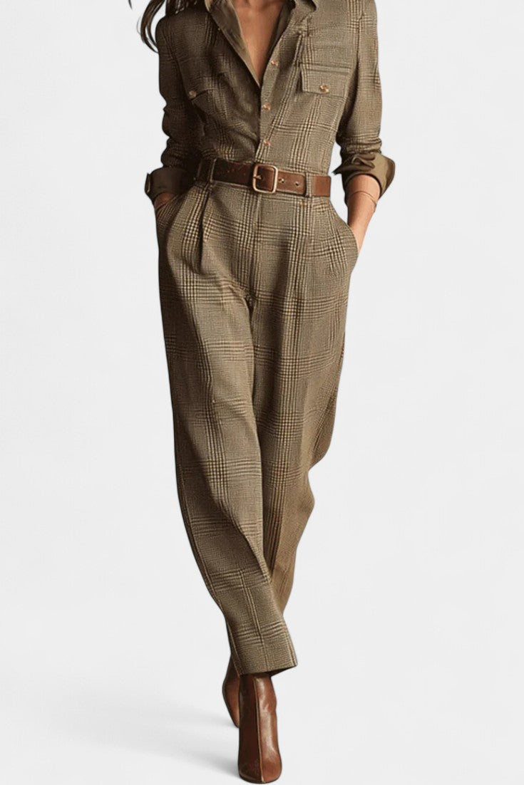 Plaid Collared Long Sleeve Belted Tapered Jumpsuit 3
