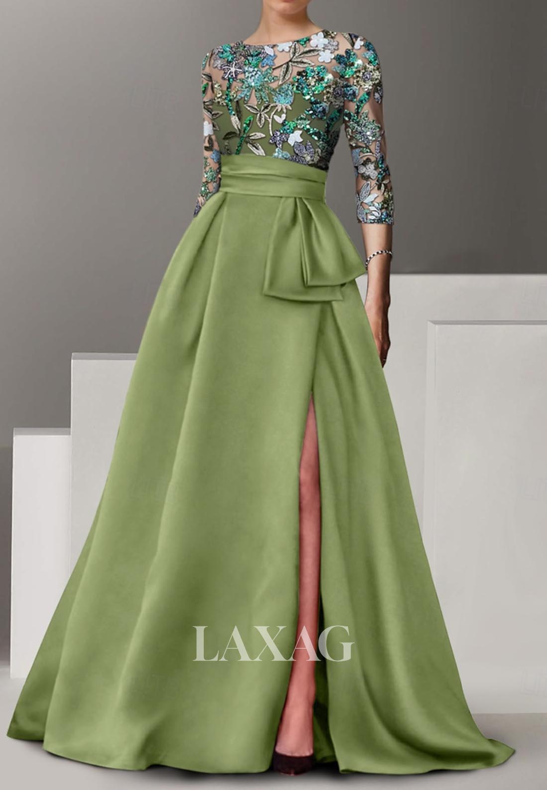 Scoop-Neck Floral Embroidered Sequined A-Line Evening Dress Half-Sleeves Floor-Length Formal Gowns