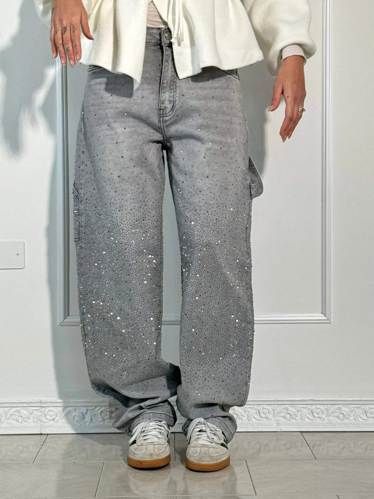 High Waist Rhinestone Embellished Wide Leg Jeans