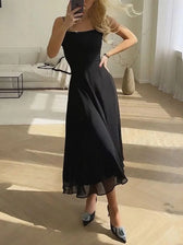 Square Neck Spaghetti Strap Chiffon Fit and Flare Midi Dress
