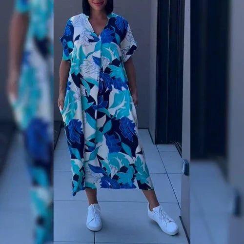 Baroque Print V-Neck Short Sleeve Oversized Midi Dress Summer