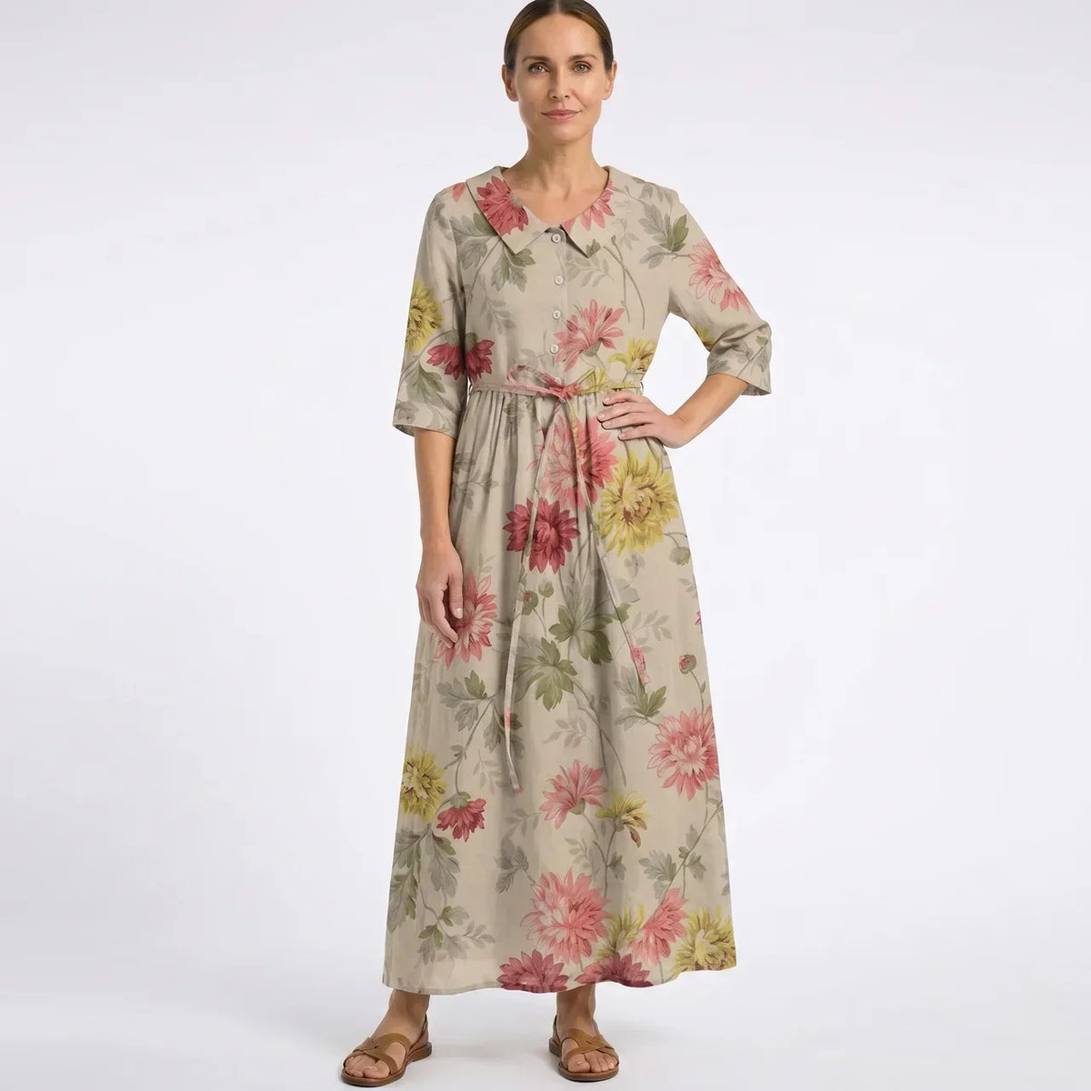 Floral Print Half Sleeve Button Front Belted Maxi Dress