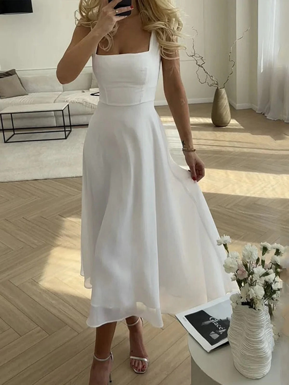 Square Neck Spaghetti Strap Chiffon Fit and Flare Midi Dress 2