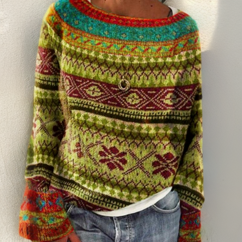 Boat Neck Long Sleeve Patterned Boho Knit Sweater