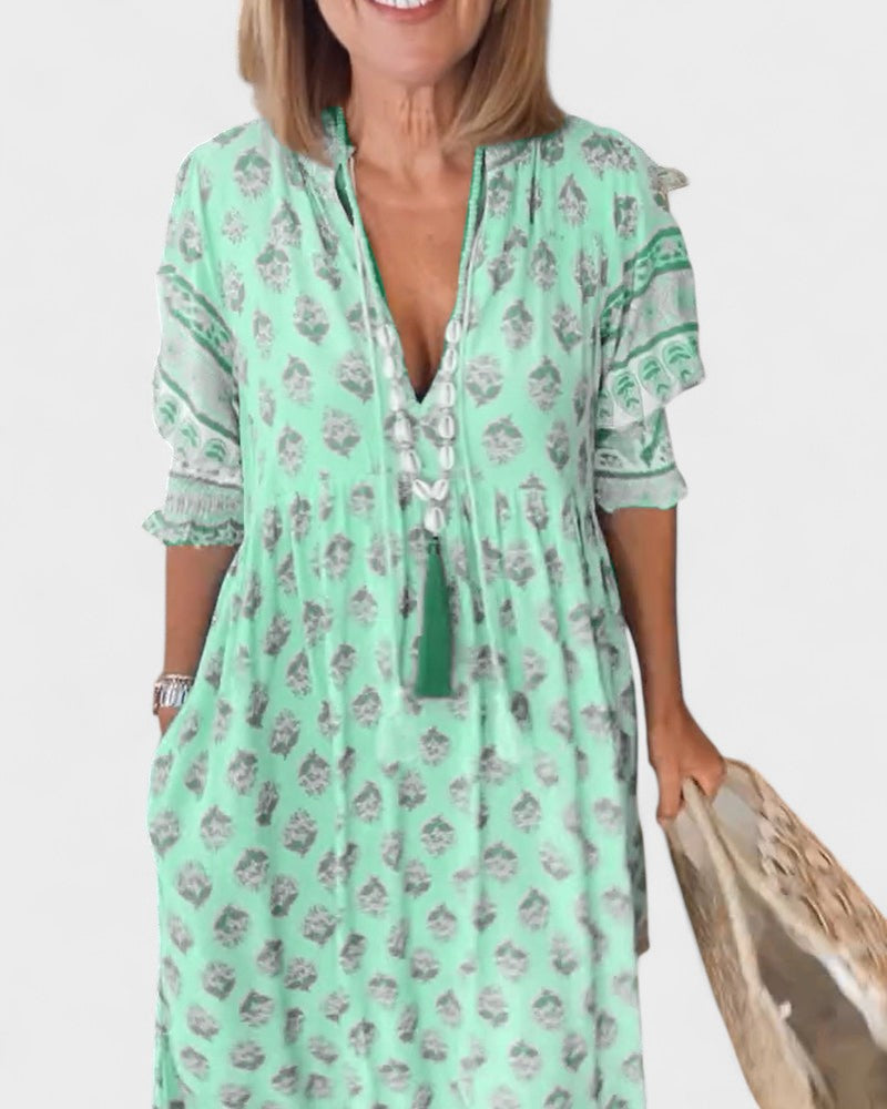 Boho Print V-Neck Ruffle Sleeve Button Front Midi Dress
