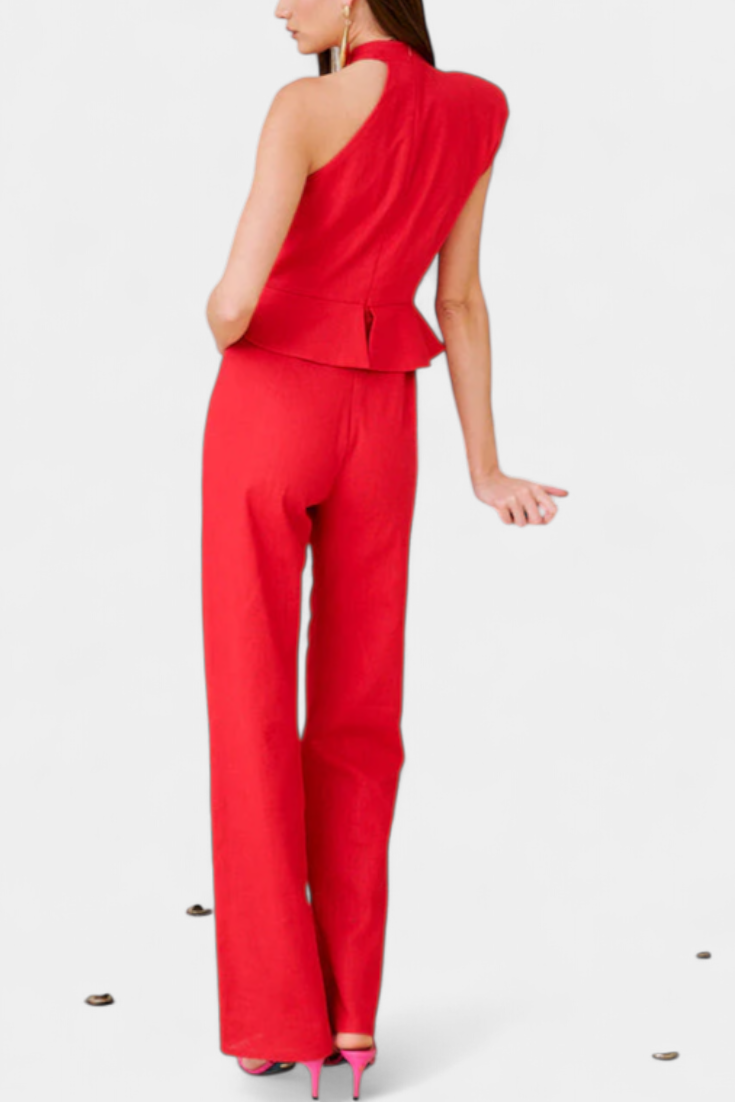 One Shoulder Peplum Waist Straight Leg Jumpsuit