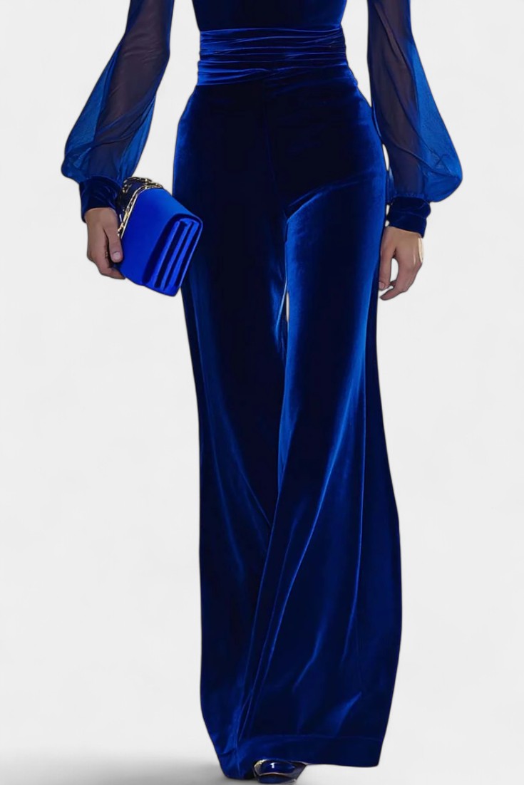 Velvet Deep V-Neck Mesh Sleeve Wide Leg Jumpsuit