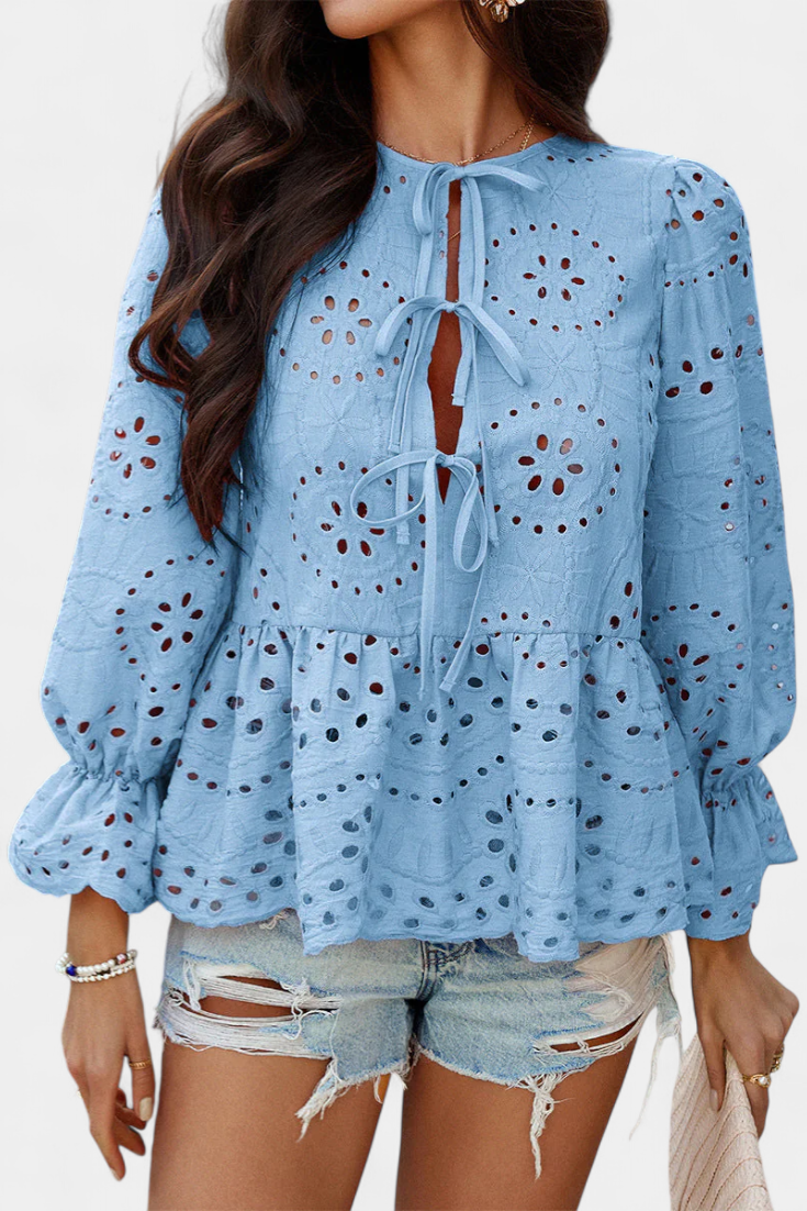 Eyelet Lace Tie Neck Long Sleeve Peplum Blouse