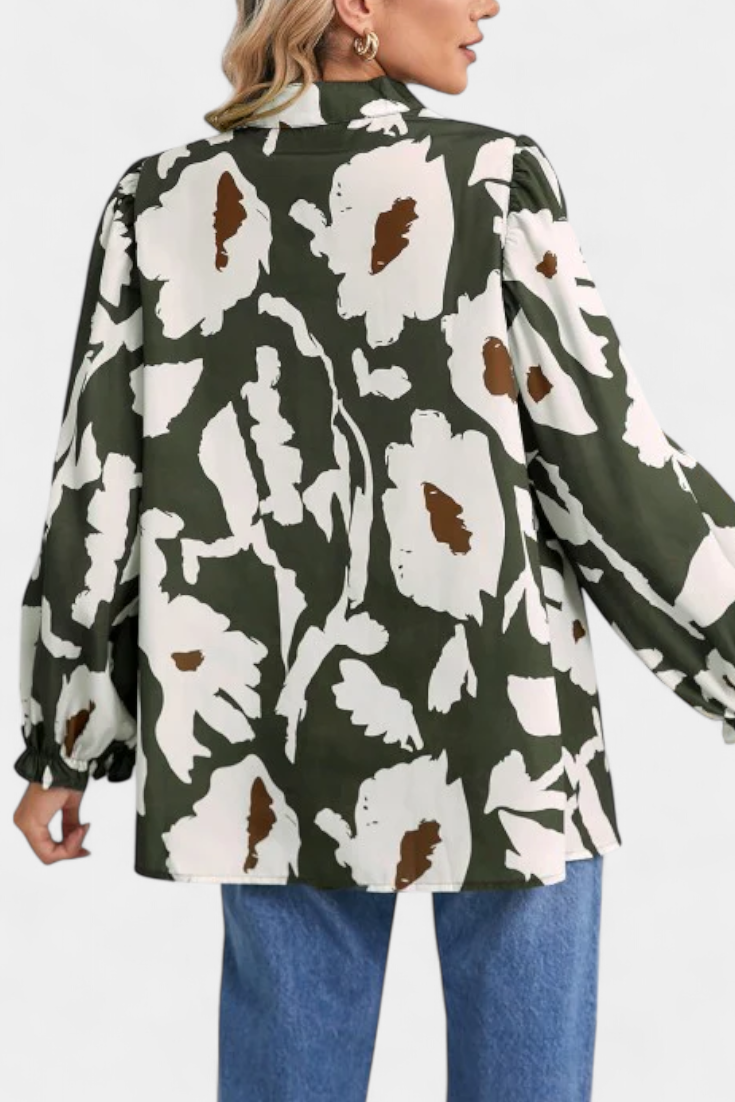 Abstract Floral Notch Neck Puff Sleeve Peplum Blouse