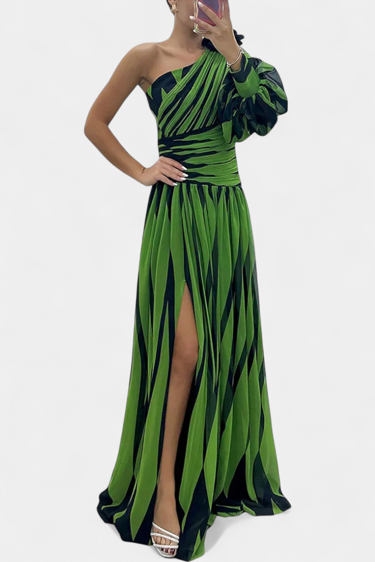 Abstract Print One Shoulder High Split Maxi Gown