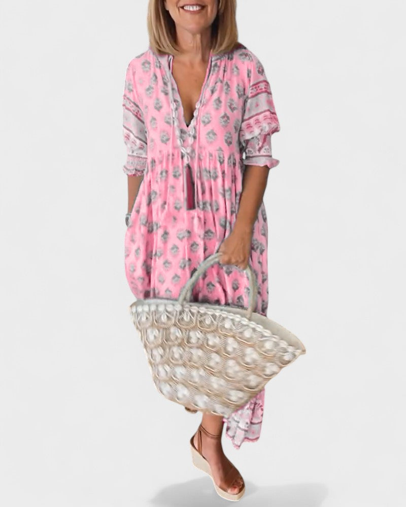 Boho Print V-Neck Ruffle Sleeve Button Front Midi Dress