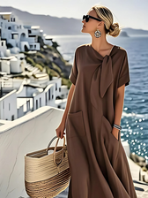 Short Sleeve Bow Front Pocket Midi Dress 5