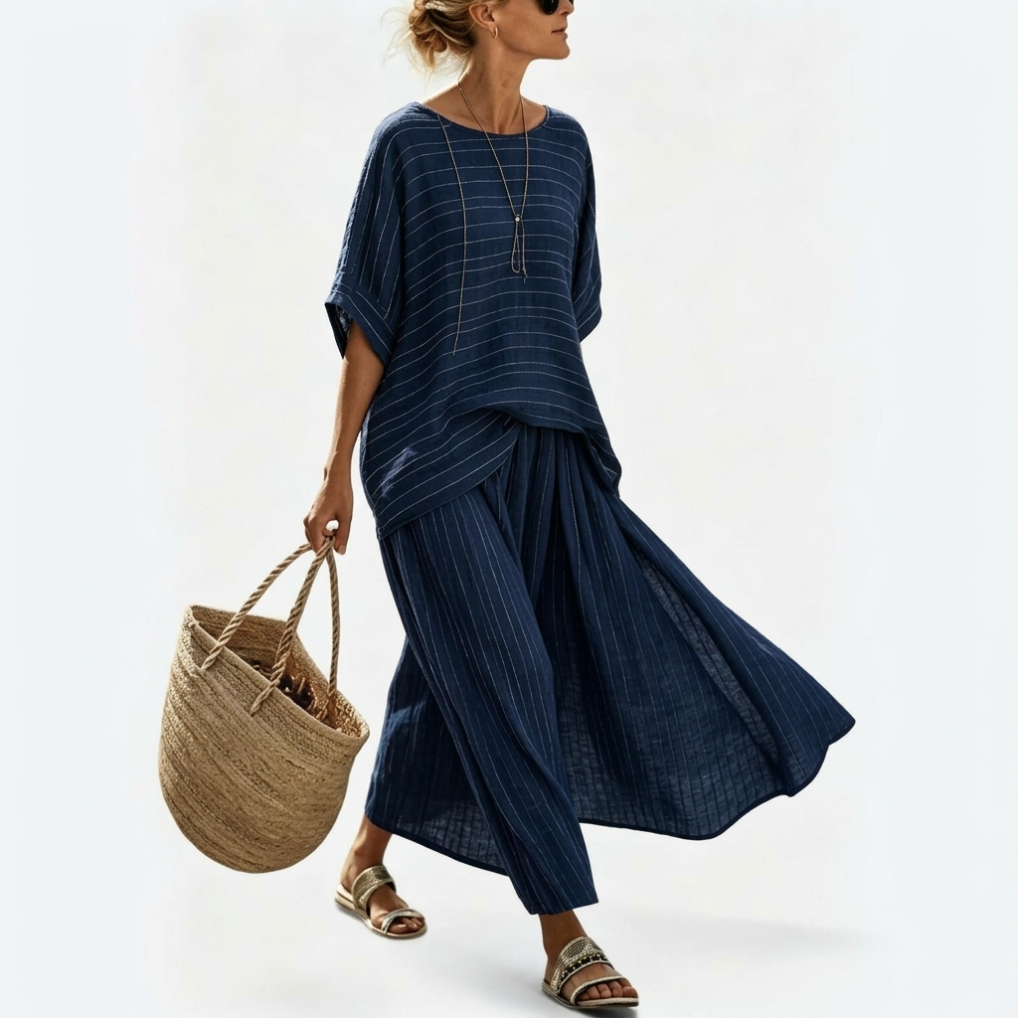 Striped Short Sleeve Top and Wide Leg Pants Two Piece Set